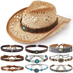 6855 Straw Cowboy Hat For Women With 9 Replacement Belts Bands Cowgirl